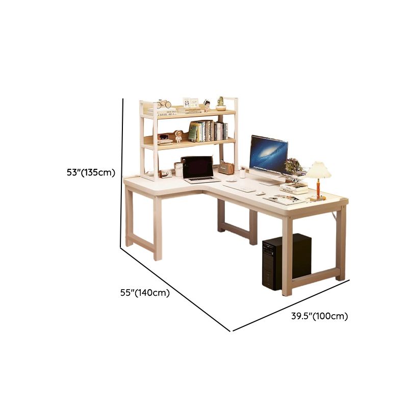 Chalk/Brown Minimalist L-Shape Distortion-resistant H-Shape Desk with Exterior Shelf and Wire Management in Natural Wood