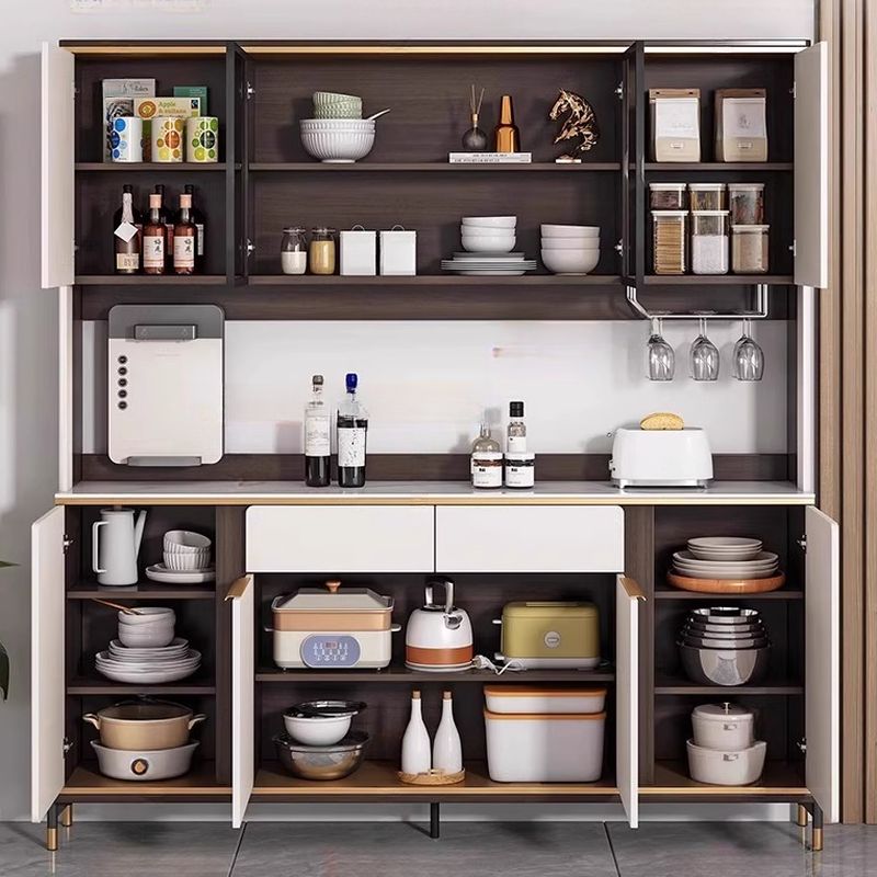 Chalk Sideboard with 2 Drawers/1 Drawer, Standard/Narrow Size, Six Internal Shelves, Sintered Stone Countertop, Glazed Door, and Stemware Shelf