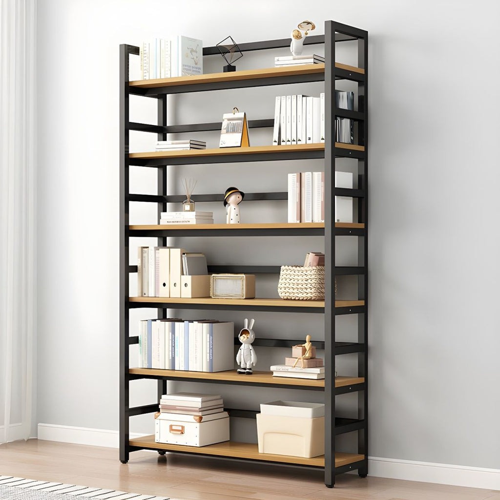 Contemporary Metal Display Stand with Wooden Shelves and Open Storage