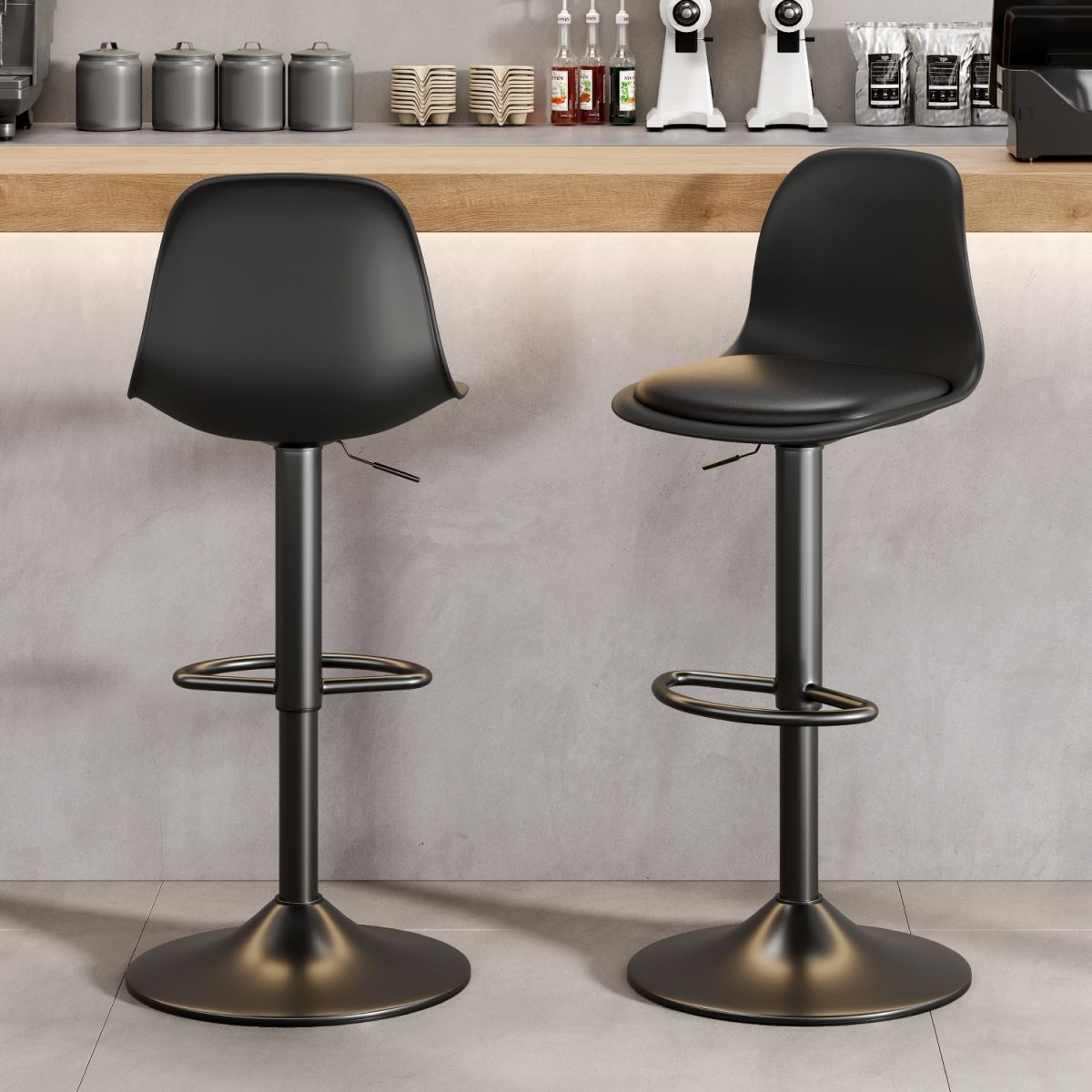 Casual Adjustable Lift Rawhide Bar Stools in Midnight Black/Light Gray/White with Back, Turned Swivel, and Pail Seat
