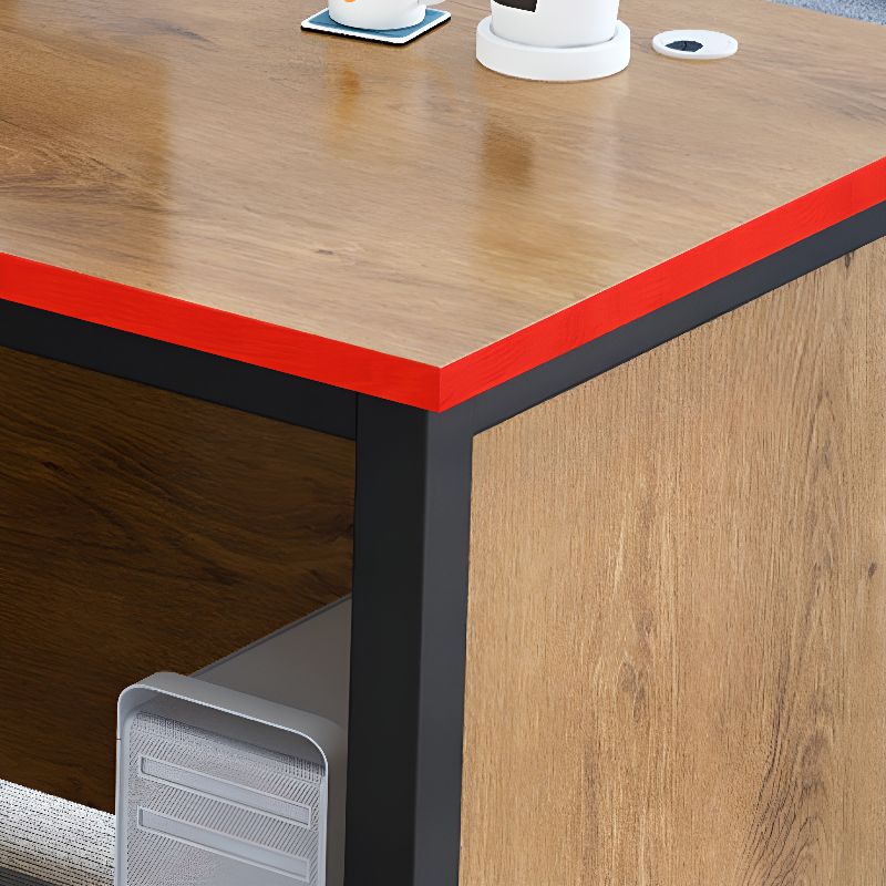 Trendy Rectangular Laminate Light Brown Office Computer Desk with Organized Wiring System and CPU Stand