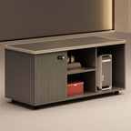 Art Deco Manufactured Wood Base Cabinet with Roller Wheels, Shelves, and Locking Door, 2-Wide/3-Wide Compartments