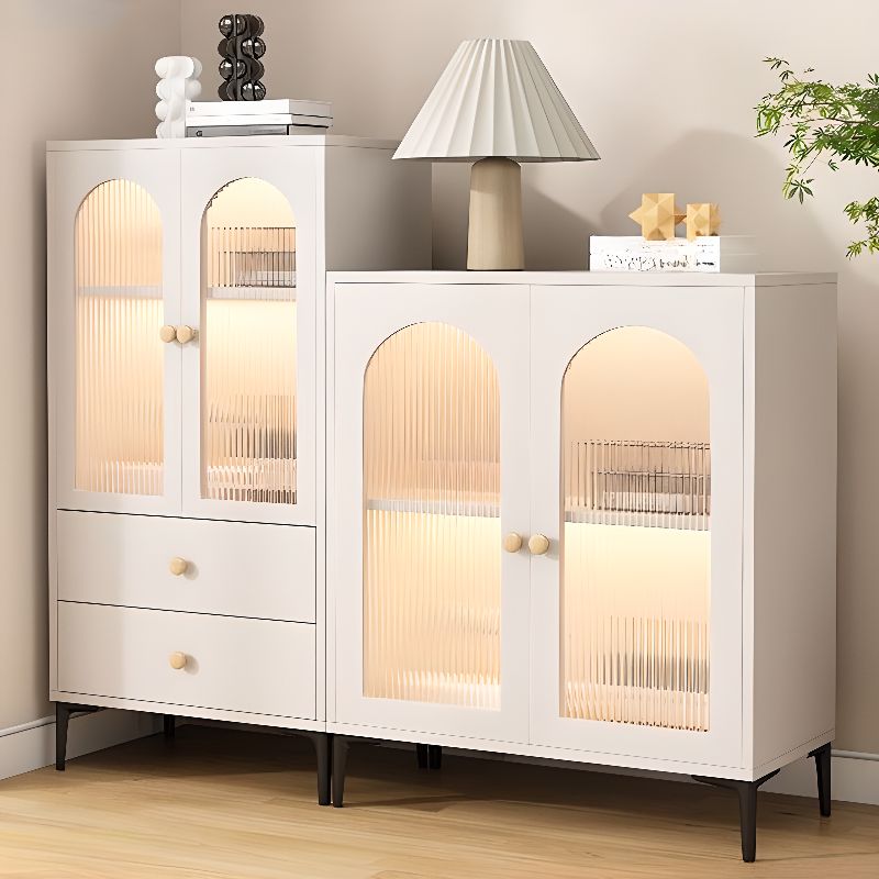 Antique White Self-supporting Microwave Shelf Cabinet with 3 Drawers, Standard Size, 2 Shelves, Engineered Wood Countertop, and Glass Doors