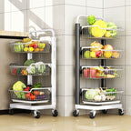 Modish Rectangle Portable Center with Wheels, Metal Countertop, Adjustable Shelves, and Silver Open Storage