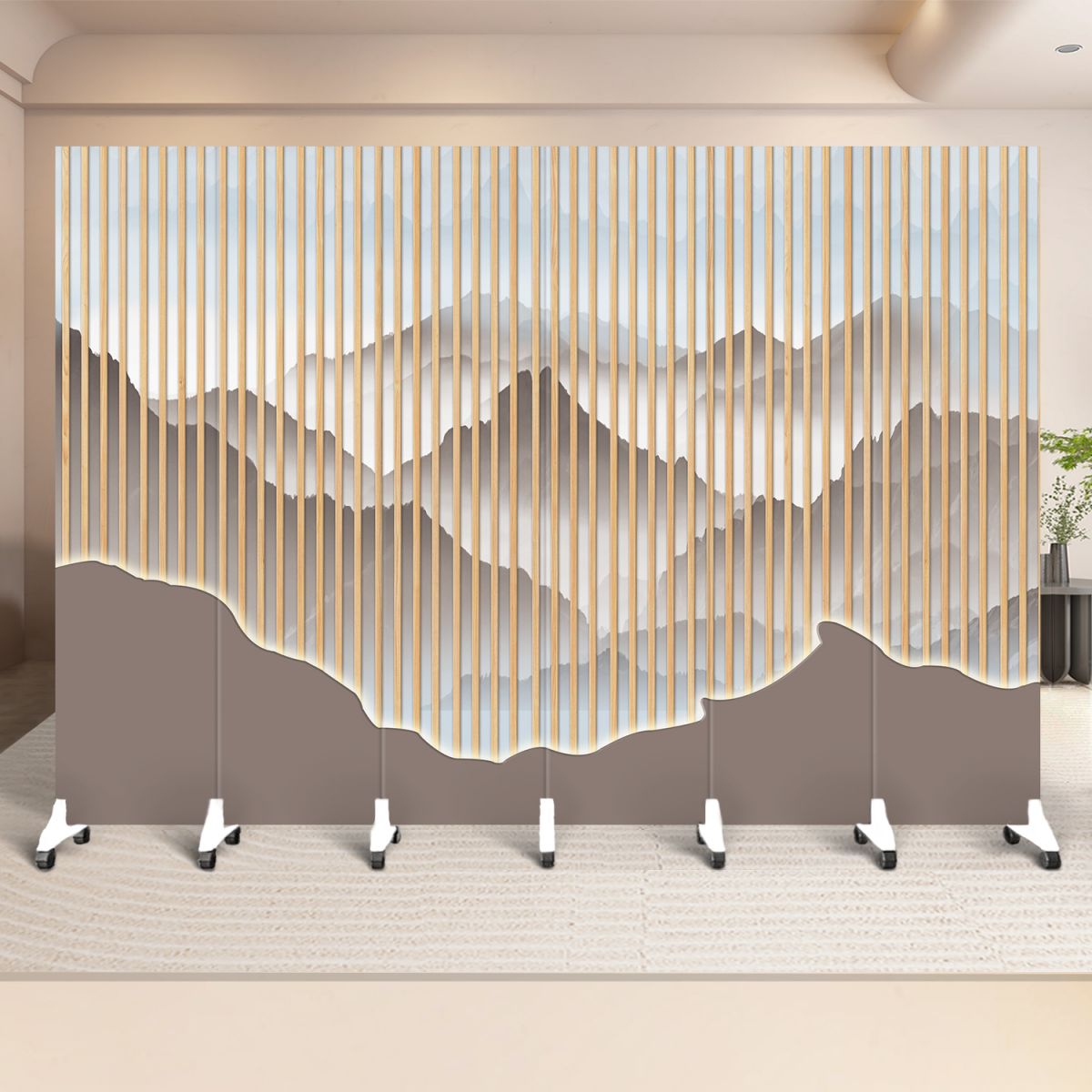 Indoor Opaque Collapsible Temporary Wall with Wheels, Natural Wood Frame, 6 Panels, and Double Sided Print