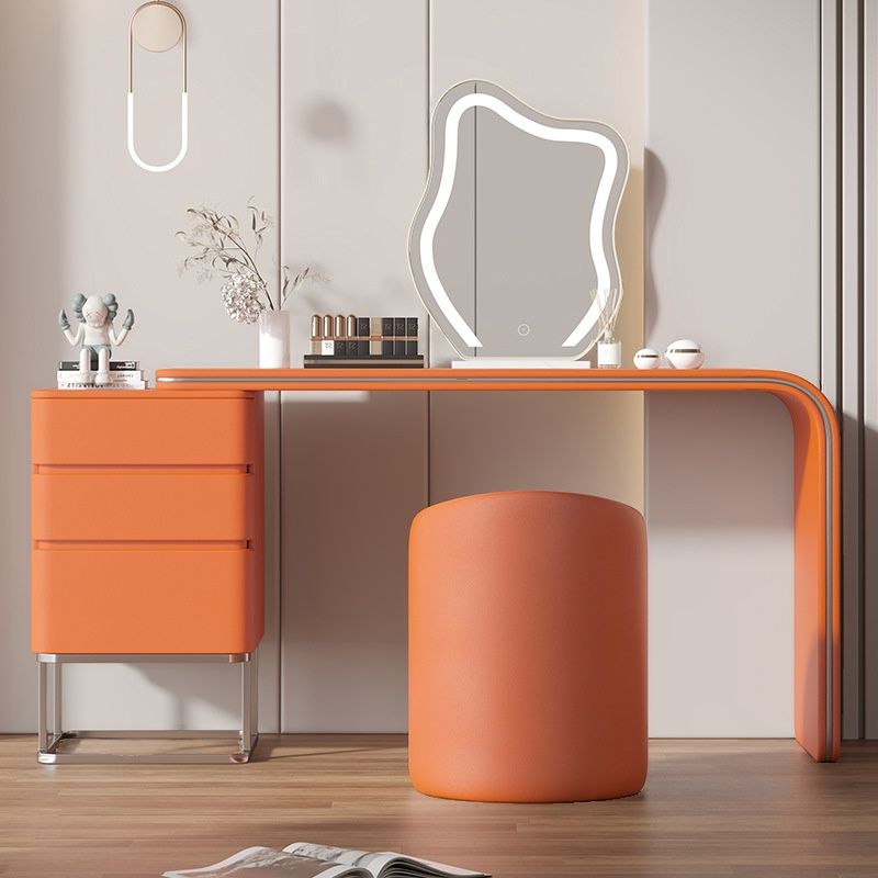 Casual Standard Vanity Set with Light Gray/Tangerine Color/Tan Chair, 3 Drawers, Pine Wood Frame, LED Mirror