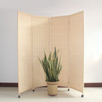 Wood Grain Opaque Fold-up Screen Divider with Wheels, 4 Panels, Rattan Material, and Independent Design
