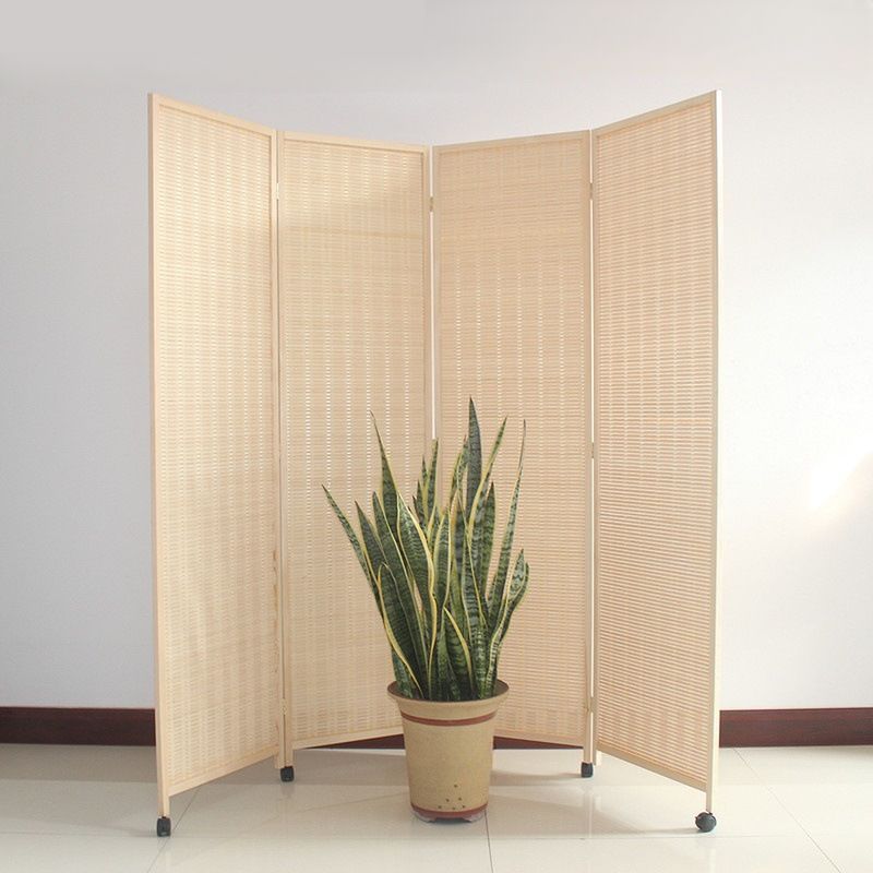 Wood Grain Opaque Fold-up Screen Divider with Wheels, 4 Panels, Rattan Material, and Independent Design