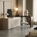 Modish Large Vanity Set with Reclaimed Wood Table Top, White Chair, Light Up Mirror, and 6 Drawers