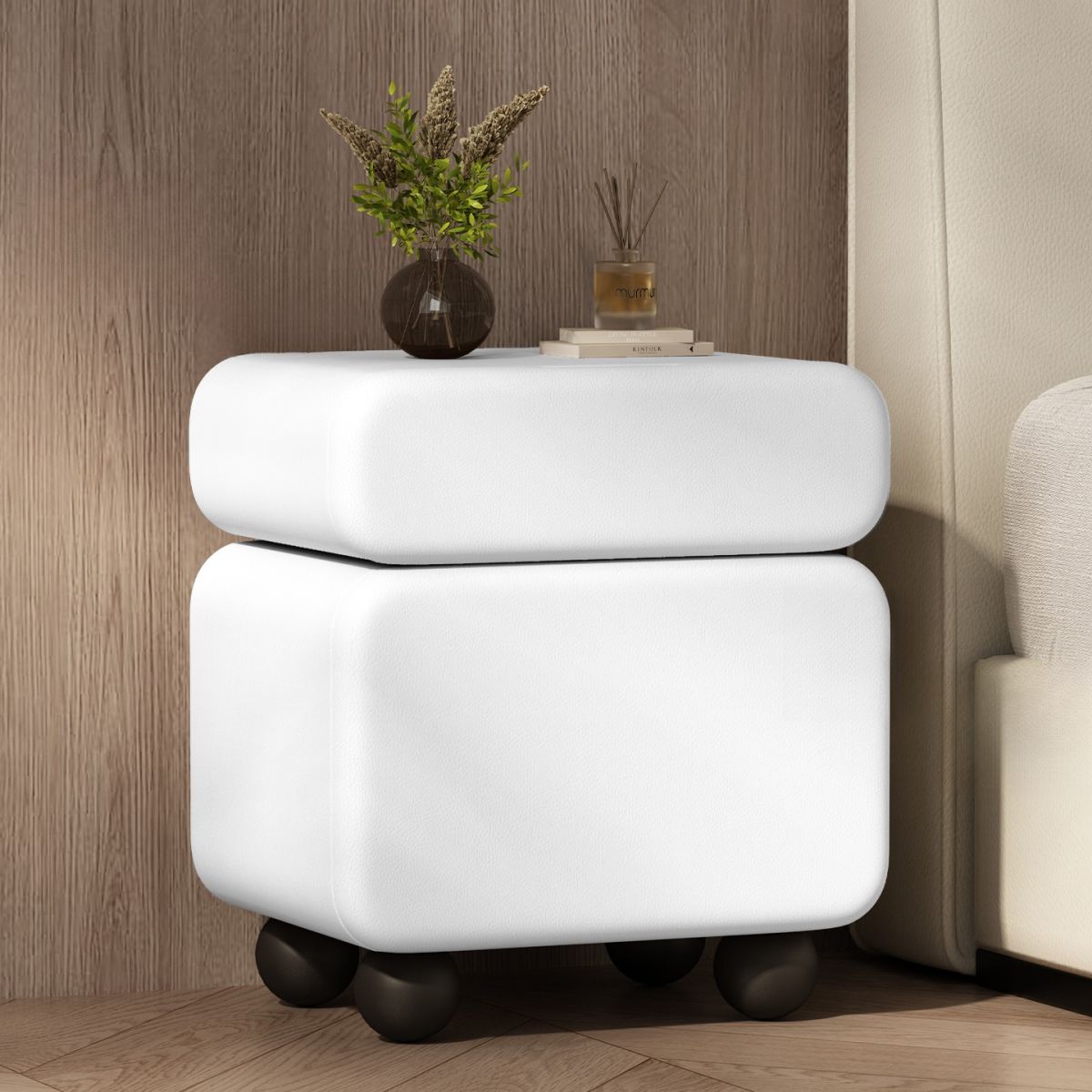 Modish Nightstand With Drawer Organization Featuring 1 Drawer, 1 Cabinet, Right Orientation, and Lumber Countertop