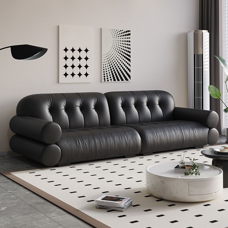 Modish Solid Color Stain Resistant Standard Sofa in Midnight Black/White/Light Brown, Seats 3/2-seater with 2 Pillows