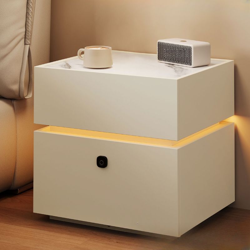 Modish Nightstand With Drawer Organization, Stone Countertop, and Illuminating Lighting