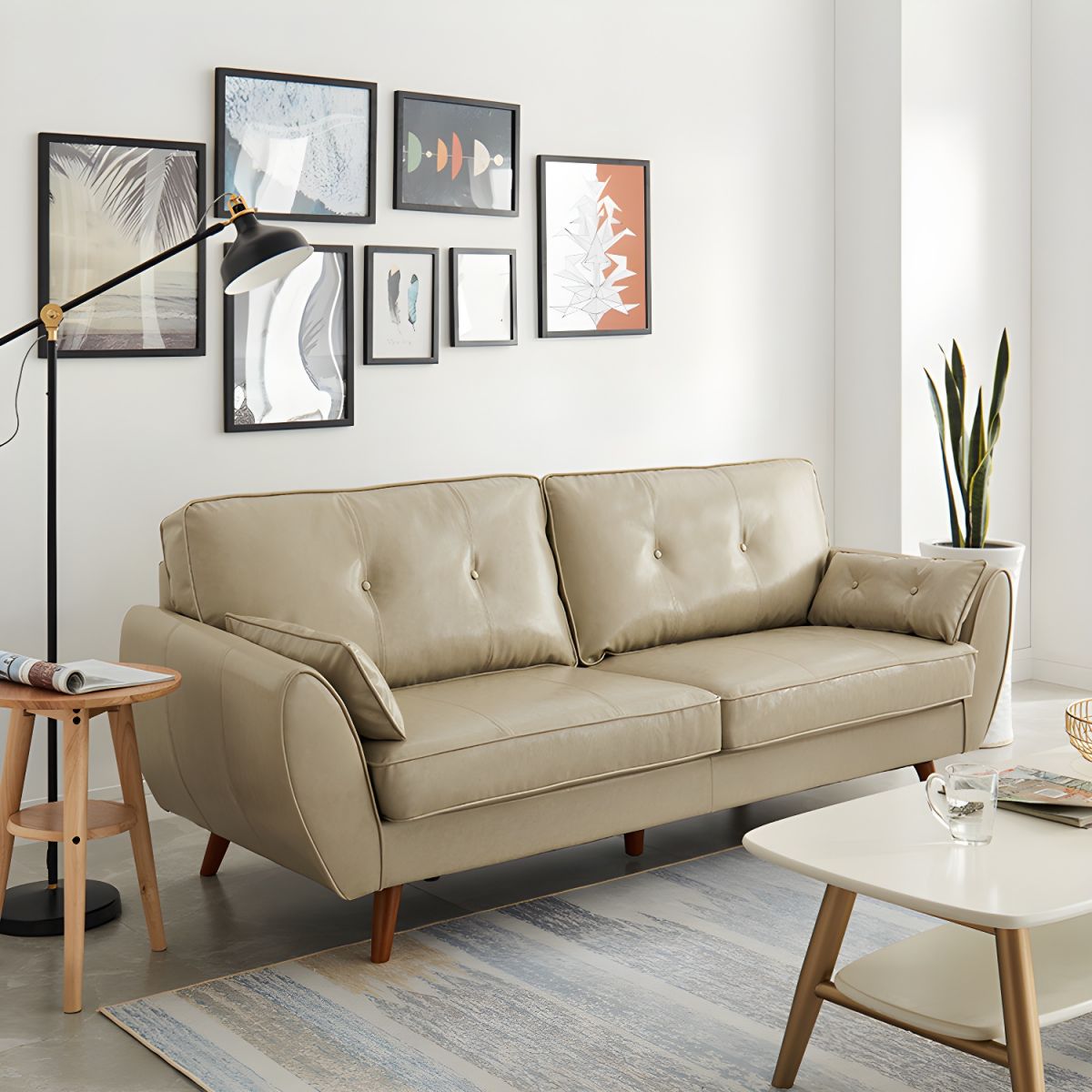 Modern Leather Sofa Flared Arm Button-tufted Loose Back Sofa for Living Room Bedroom