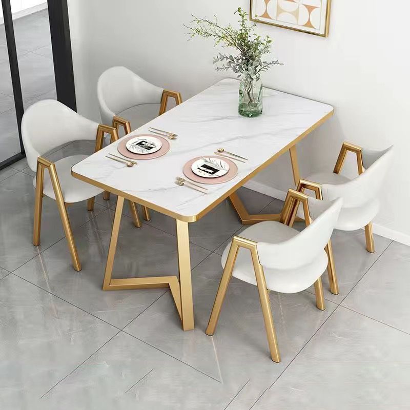 Glamorous Rectangular Dining Table with White Wooden Tabletop and Fixed Table
