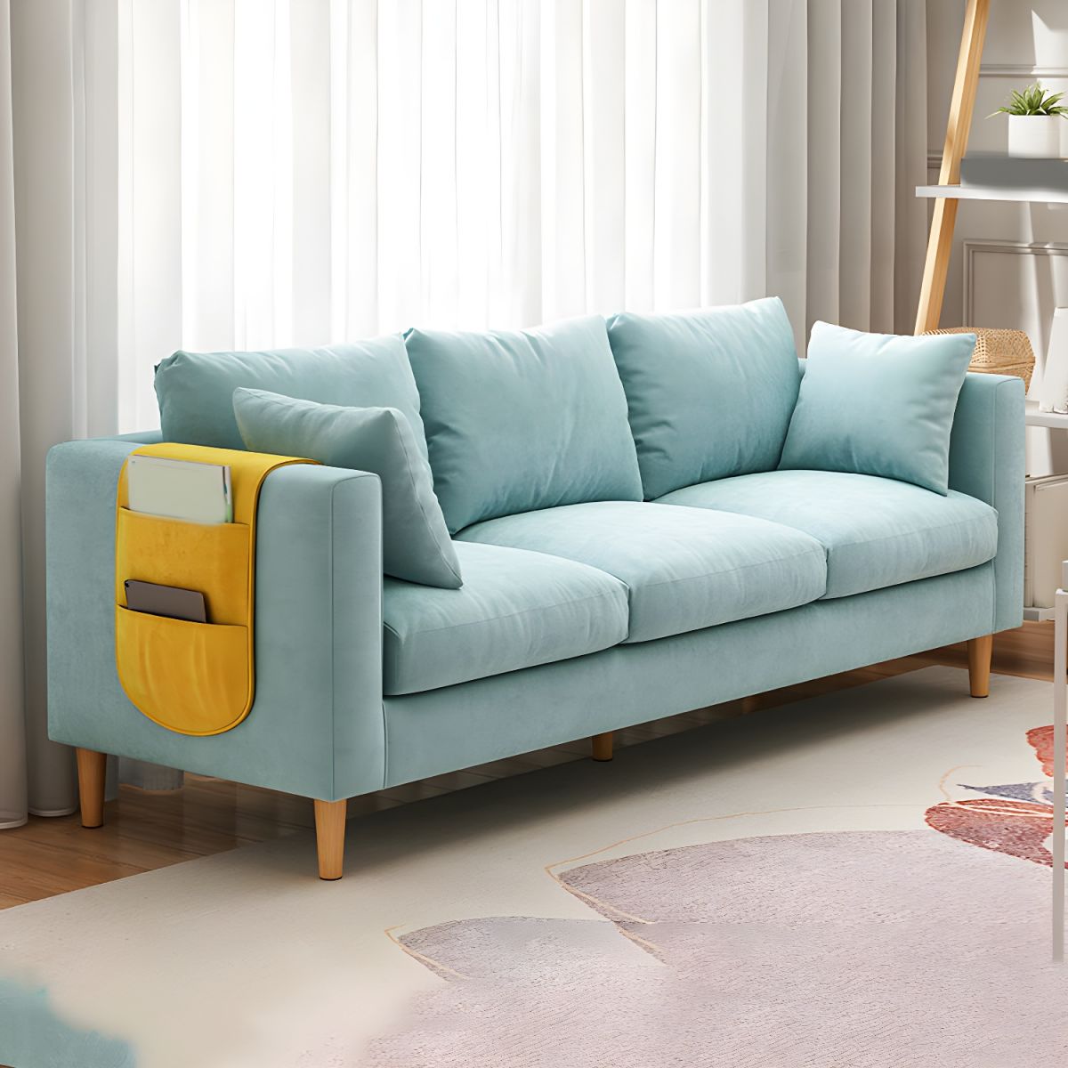 Contemporary Velvet Square Arm Sofa with Storage for Three People