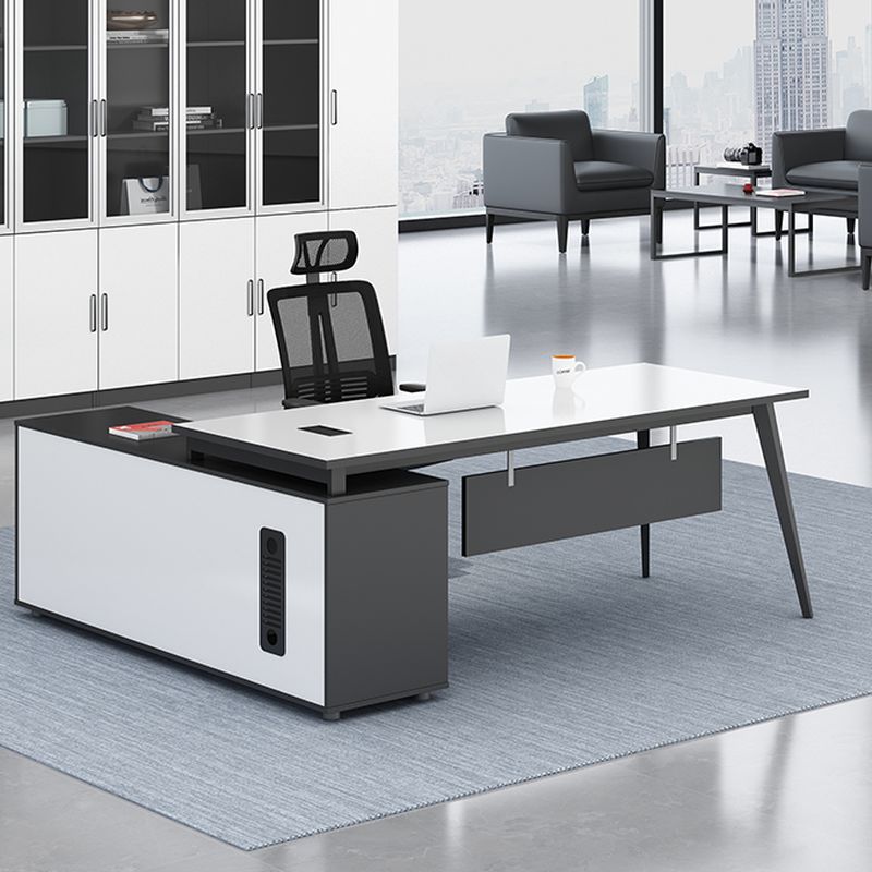 Executive Desk with Cable Management, Bend-resistant, 3 Drawers, Exterior Shelf, CPU Storage, White Top, and Cooling Hole