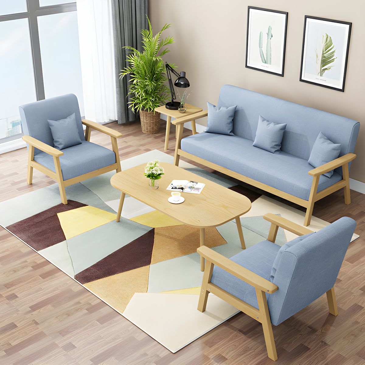 Modern Linen Small Sofa with Square Arm and Tight Back - Natural Wood Leg Color