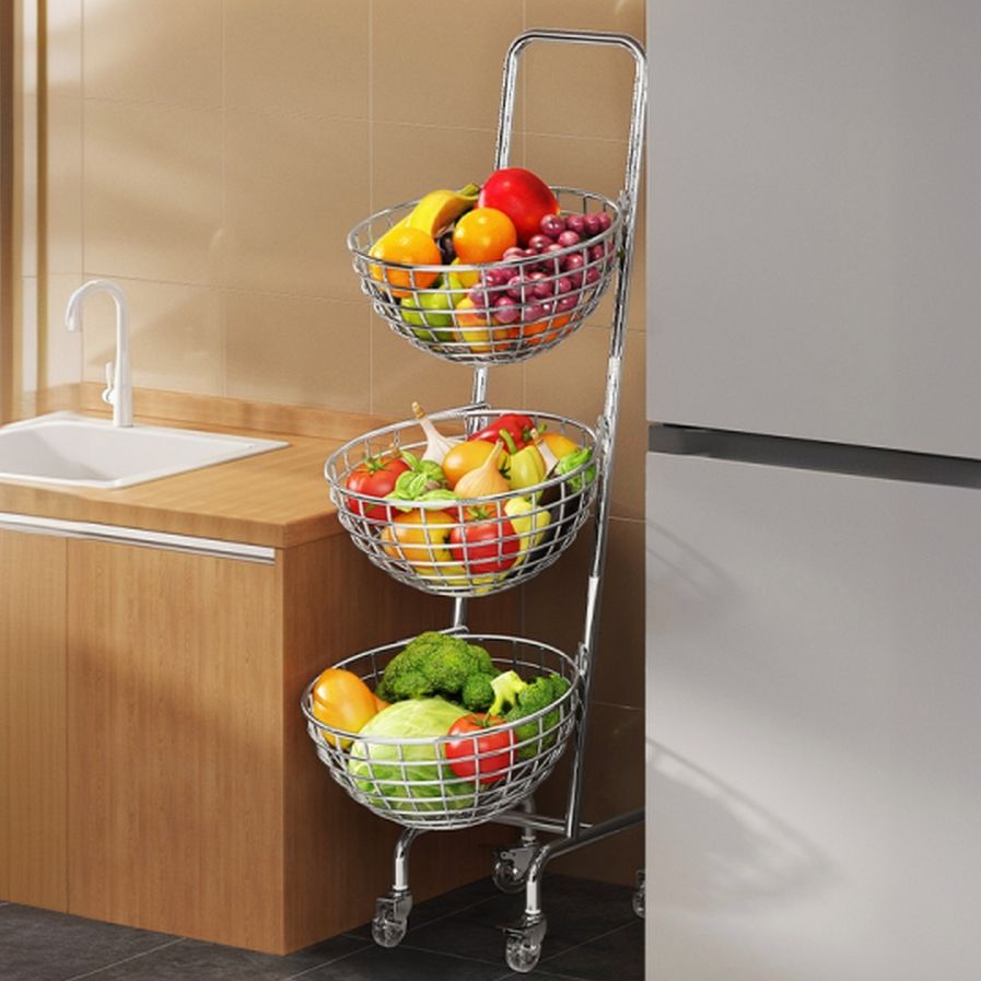 Portable Center with Wheels, Exterior Shelving, Laminate Countertop, Open Storage, Basket, 3/4 Baskets in Brown