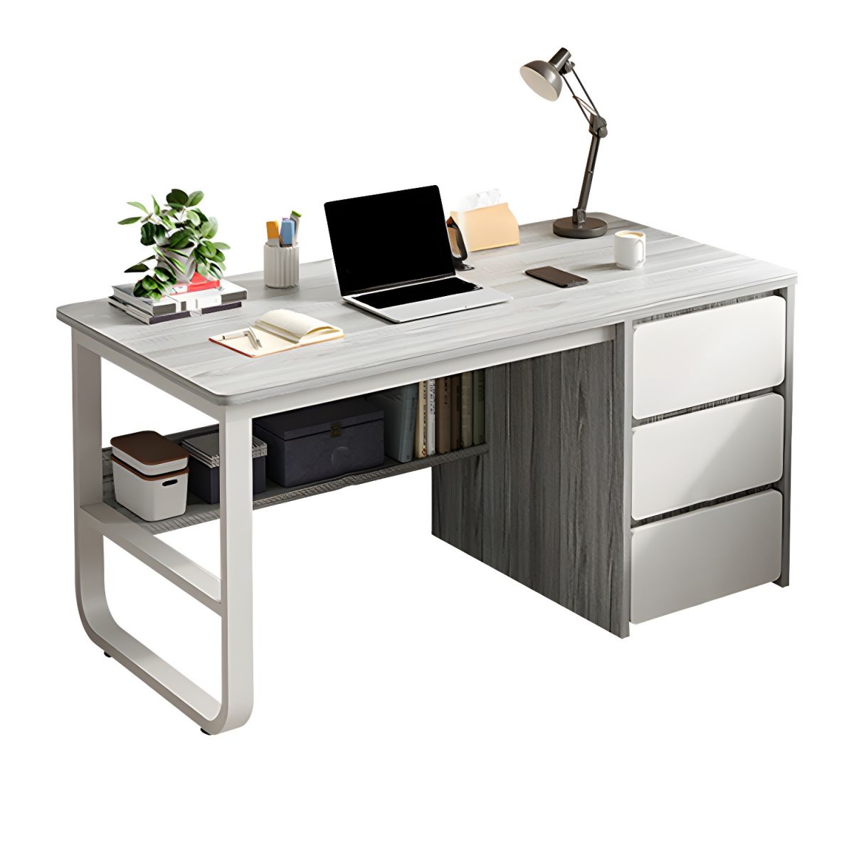 Contemporary Wood in White Writing Desk Shape in Rectangular with 3 Drawers