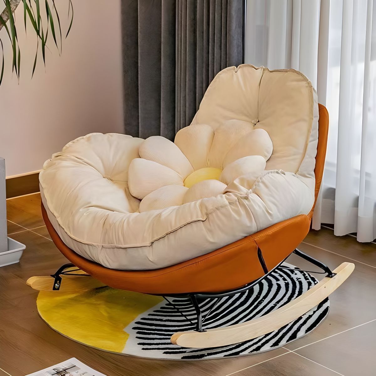 Modern Rocking Chair with Metal Frame and lint Upholstered, Solid Wood Legs and Armless Design