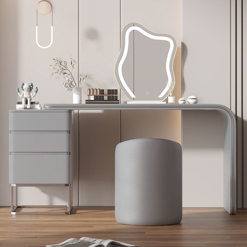 Casual Standard Vanity Set with Light Gray/Tangerine Color/Tan Chair, 3 Drawers, Pine Wood Frame, LED Mirror