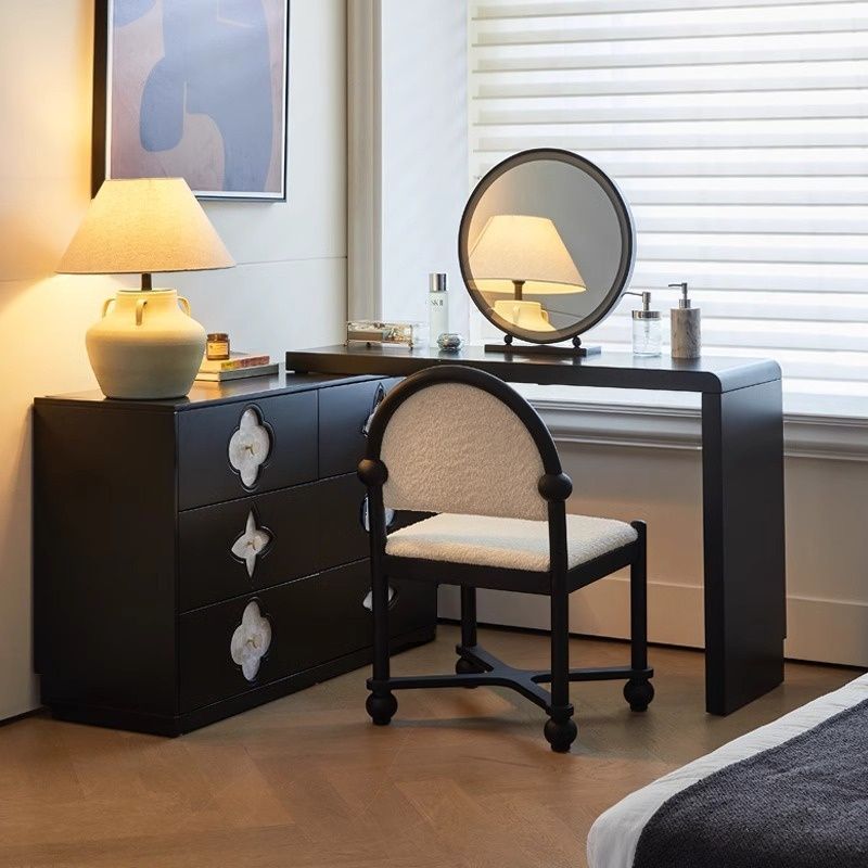 Casual Standard Vanity Set with White Chair, 6 Drawers, Laminate Frame, Standing Mirror