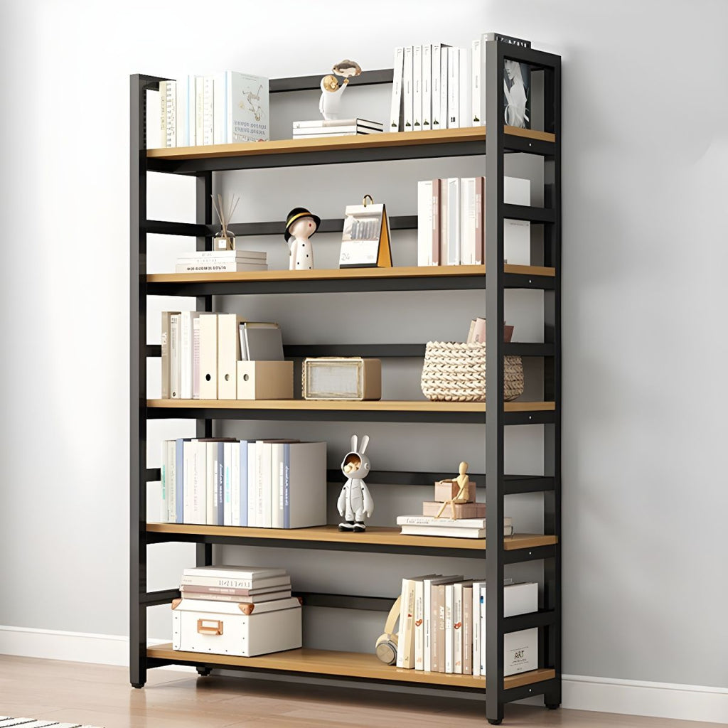 Contemporary Metal Display Stand with Wooden Shelves and Open Storage