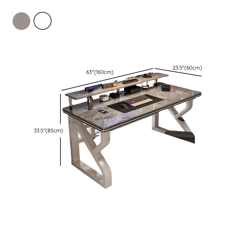 Grey/Chalk Minimalist Gaming Computer Desk with Rust Resistant Trestle Base, Exterior Shelf, Wire Management, and Stone Top