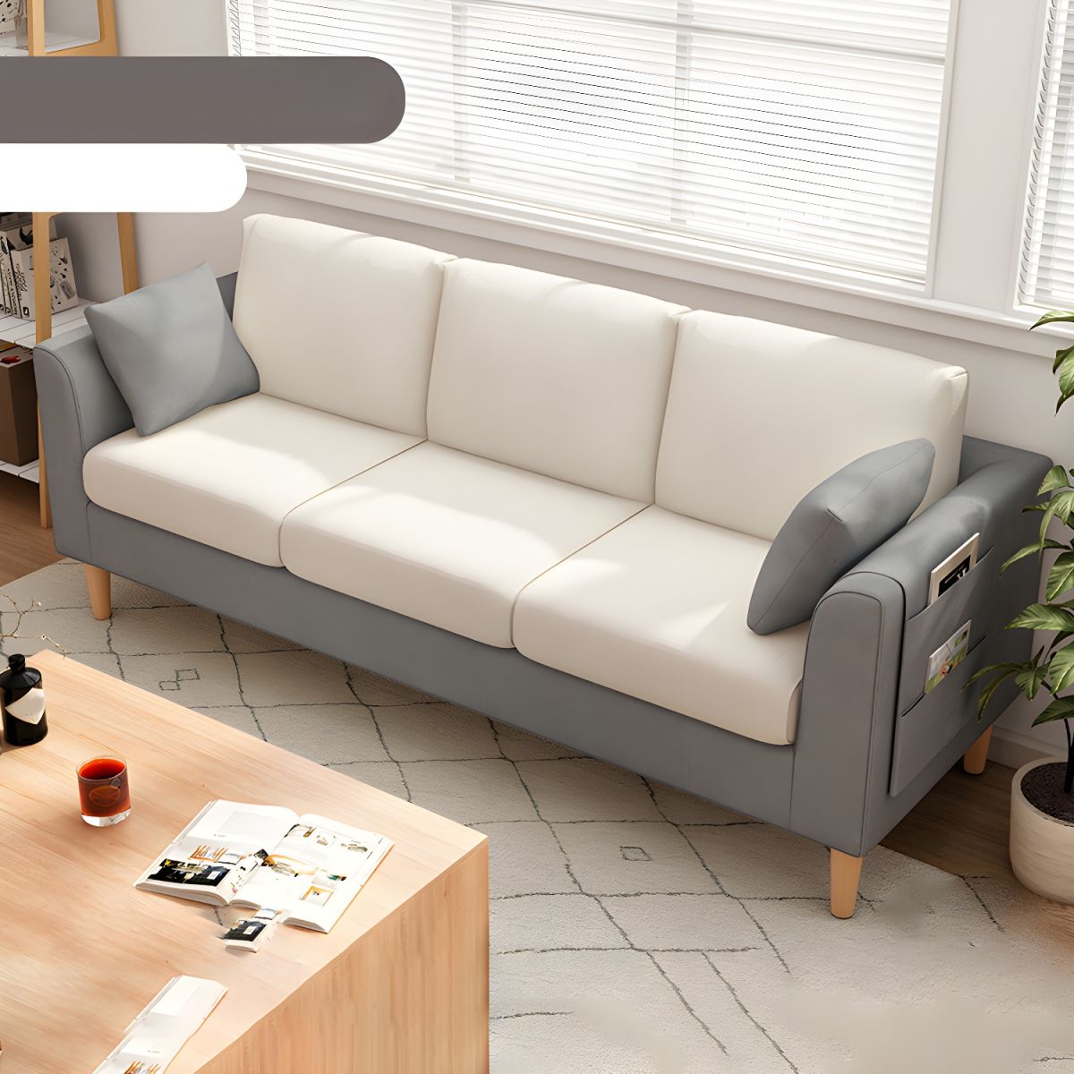 Scandinavian 3 Seater Sofa with Pillows Back and Tuxedo Arm and Solid Wood Legs