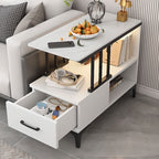 Contemporary Chairside Table with Stone Top and 4 Legs in Rectangle Shape, Featuring Shelf and Compartment
