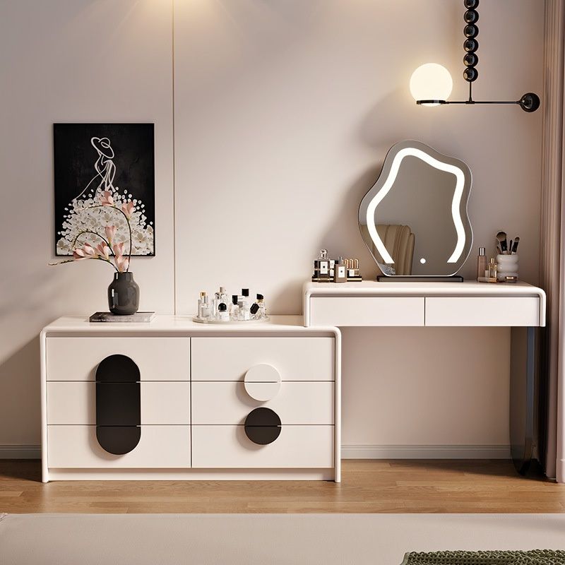 Chalk Modish Large Vanity Set with Natural Wood Table Top, 5 Drawers/8 Drawers, Light Up Mirror, No Suspension