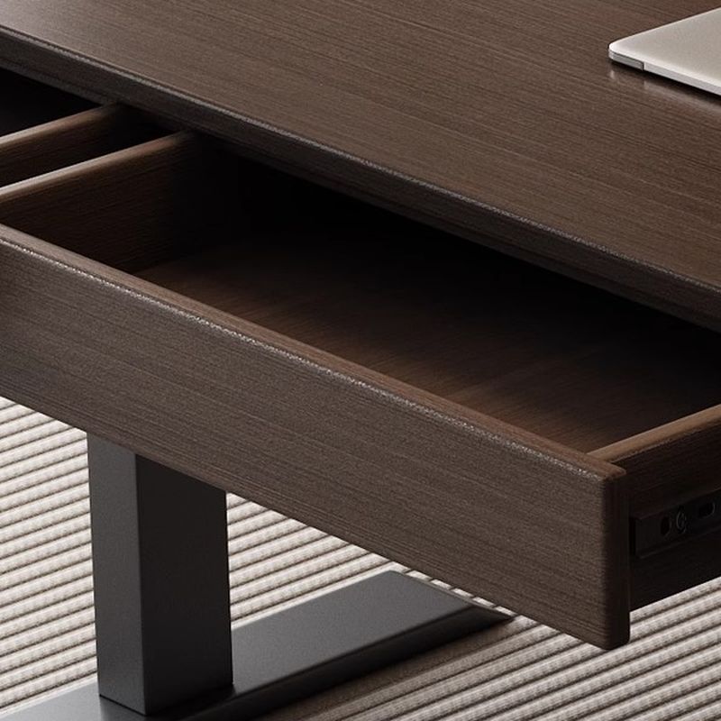 Odor Resistant T-Shape Base Table with 3 Drawers, Automatic Height Adjustment, Auburn Detached Top with Built-in Outlet in Natural Wood