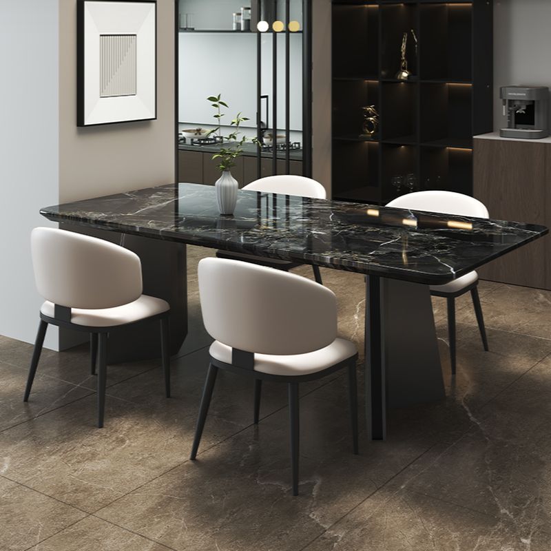 Natural Marble Dining Table in Modern Simple Style, Fixed Table in Midnight Black for 6-person, Scratch Resistant Marble Slab, Mixed-material Design