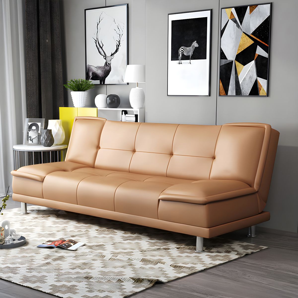 Armless Cotton Blend and Leather Convertible Contemporary Sofa Bed