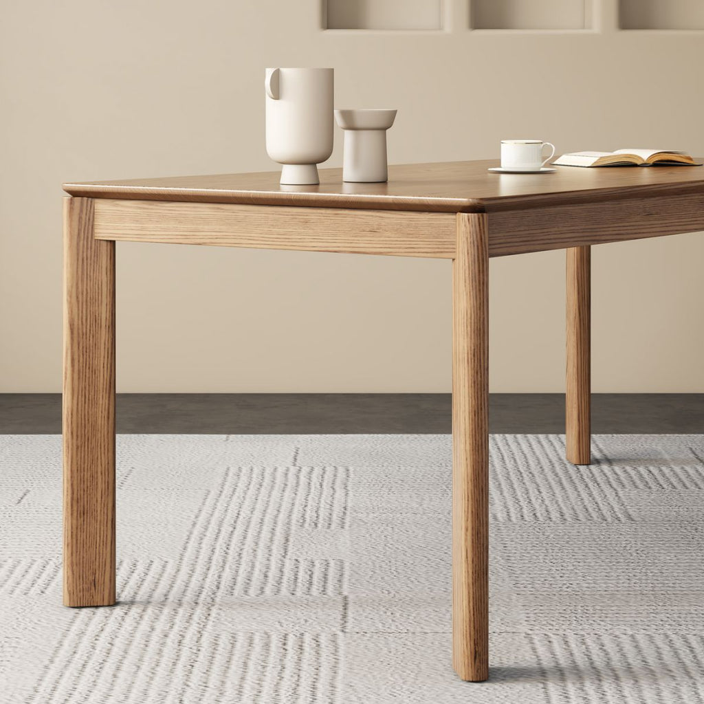 Modish Solid Wood Dining Table in Wood Color with Legs Base, Fixed Mechanism, Seats 6, and Solid Wood Tabletop