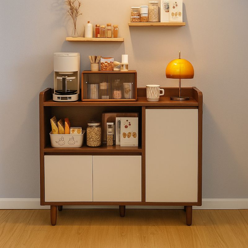 Art Deco Narrow Sideboard with Closet, 2 Shelves, Pantry Hutch, Laminate Countertop, and 3/2 Doors
