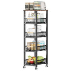 Portable Center with Wheels, Exterior Shelving, Manufactured Wood Countertop, Open Storage, Basket, and Brown Top
