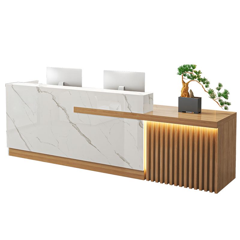 Reception Desk with 1 Cabinet, Hutch, Keyboard Tray, Cable Management, Filing Cabinet, Manufactured Wood Top, and 1 Drawer Pedestal
