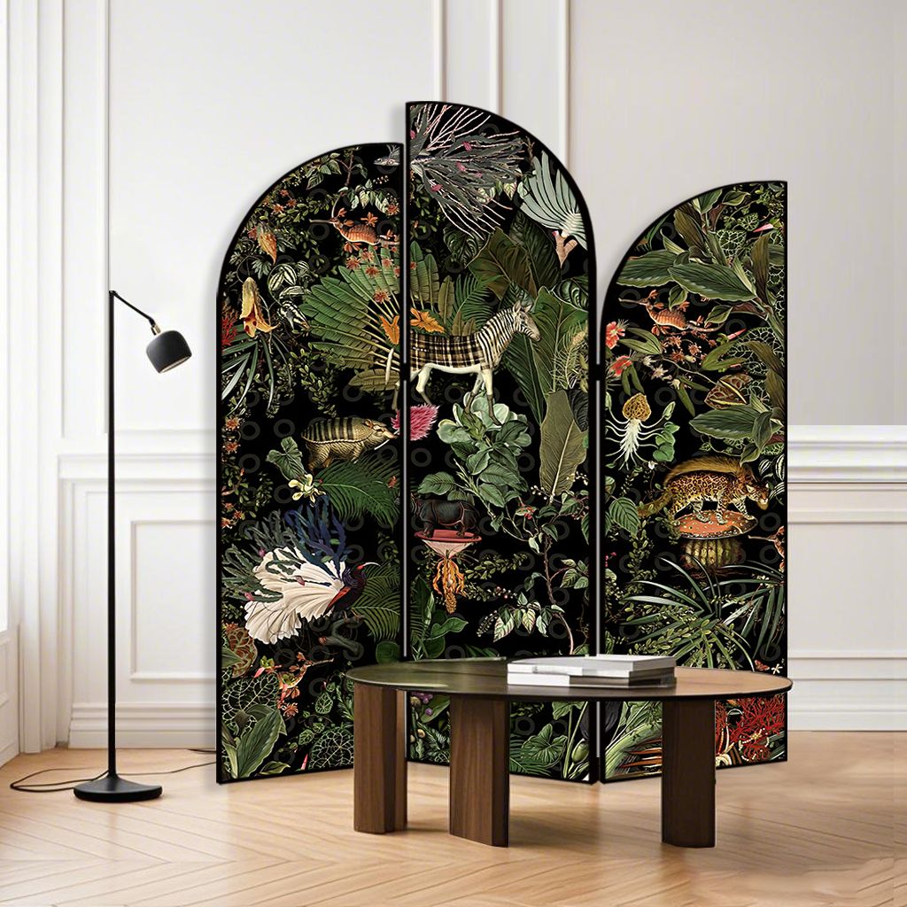 Art Deco Opaque Compact Room Divider with Lumber Frame, 3 Panels, Double Sided Print, Freestanding