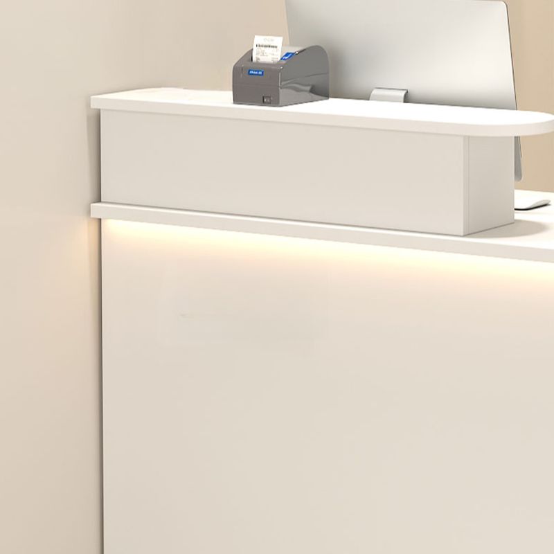 Rectangle Manufactured Wood Reception Desk with Stone Top, Locker, Keyboard Tray, and Filing Cabinet