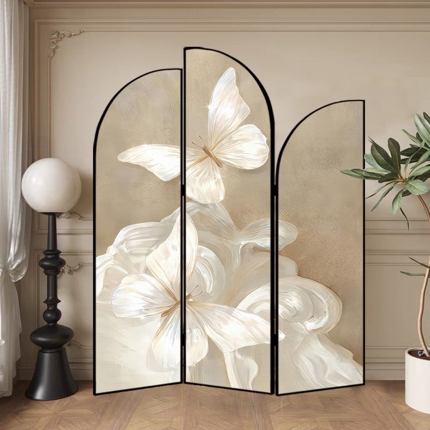 Screen Divider Minimalist Opaque Fold-up with Natural Wood Frame, 3 Panels, Double Sided Print, and Independent Design