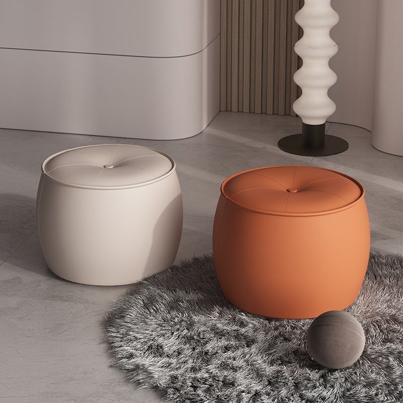 Modish Solid Color Accent Stool in Blue/Light Green/Tan with Drum Base, Button-tufted Upholstered Seat