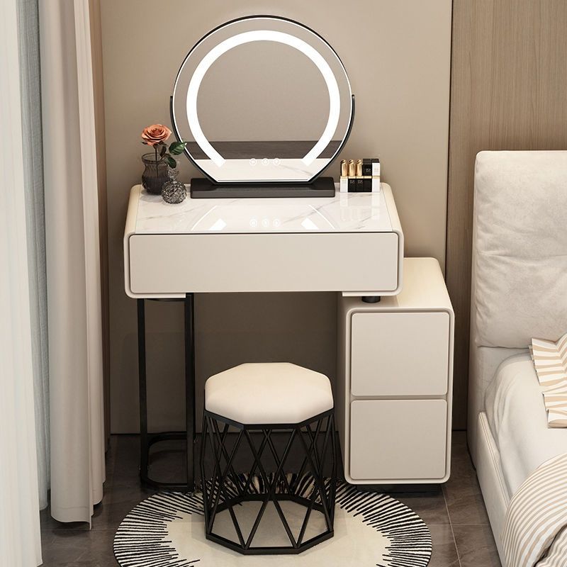 Modish Small Vanity Set/Makeup Vanity in Light Gray/White with 3 Drawers, Alloy Frame, Light Up Mirror, and Chair