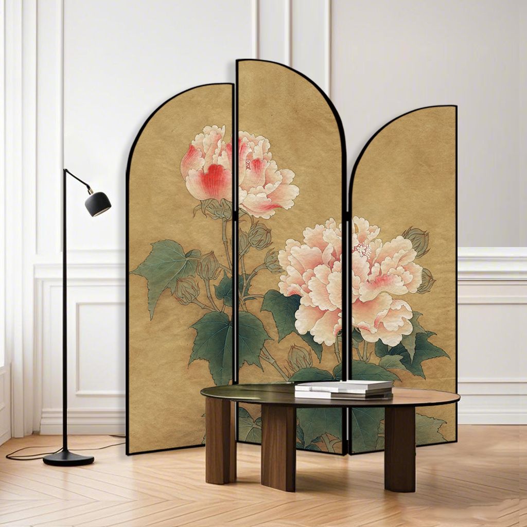 Art Deco Opaque Compact Room Divider with Lumber Frame, 3 Panels, Double Sided Print, Freestanding