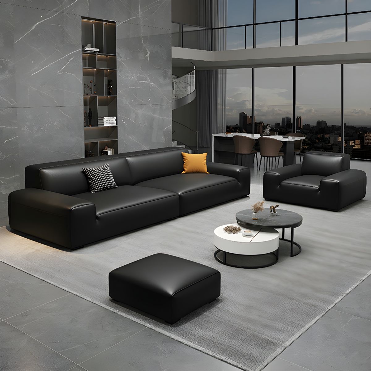 Extra Long Black Leather Sofa with Stain Resistant Feature and Two Pillows