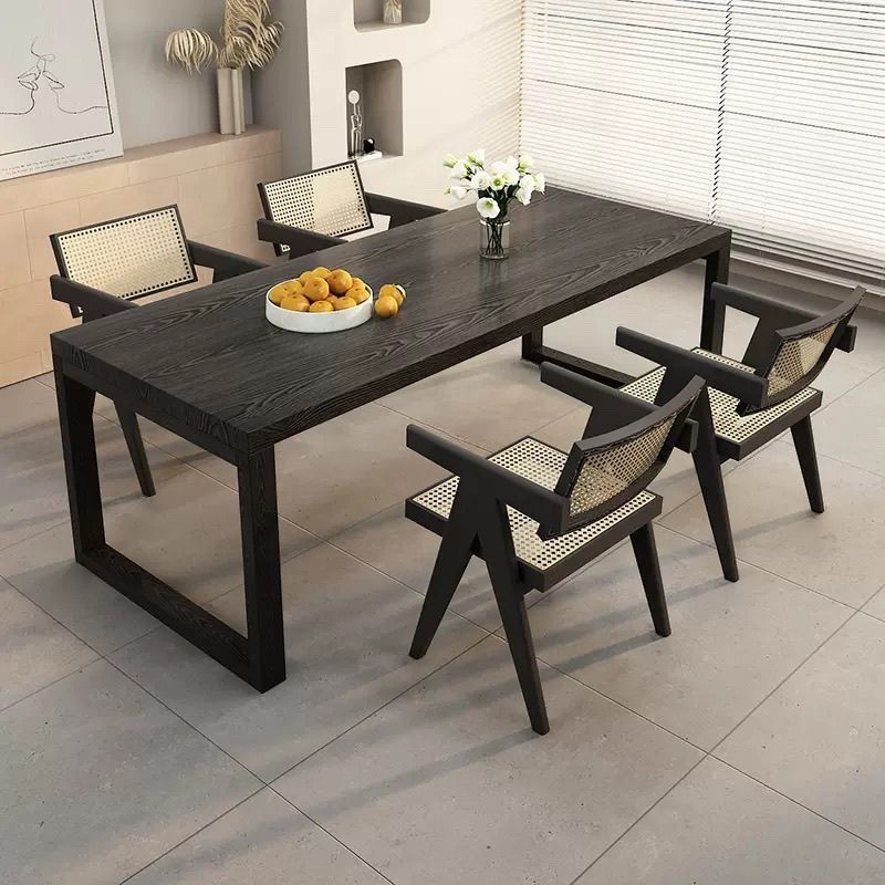 Contemporary Matte Black Solid Wood Kitchen & Dining Table with Sled Base and Fixed Table for 6-person Seat