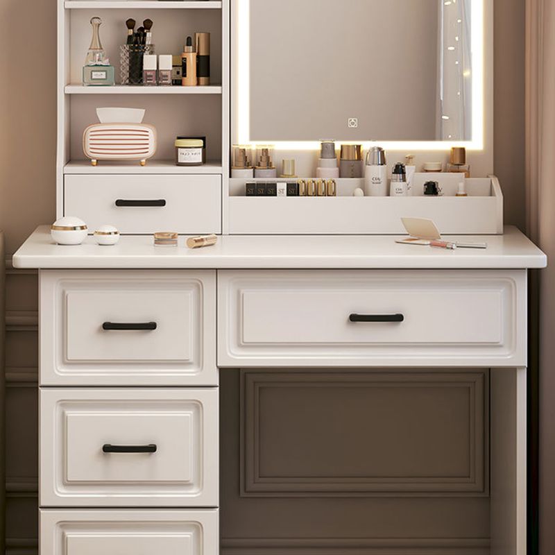 Modern Standard Vanity Set in White with 5 Drawers, Timber Frame, Mirror Lights, and Seat