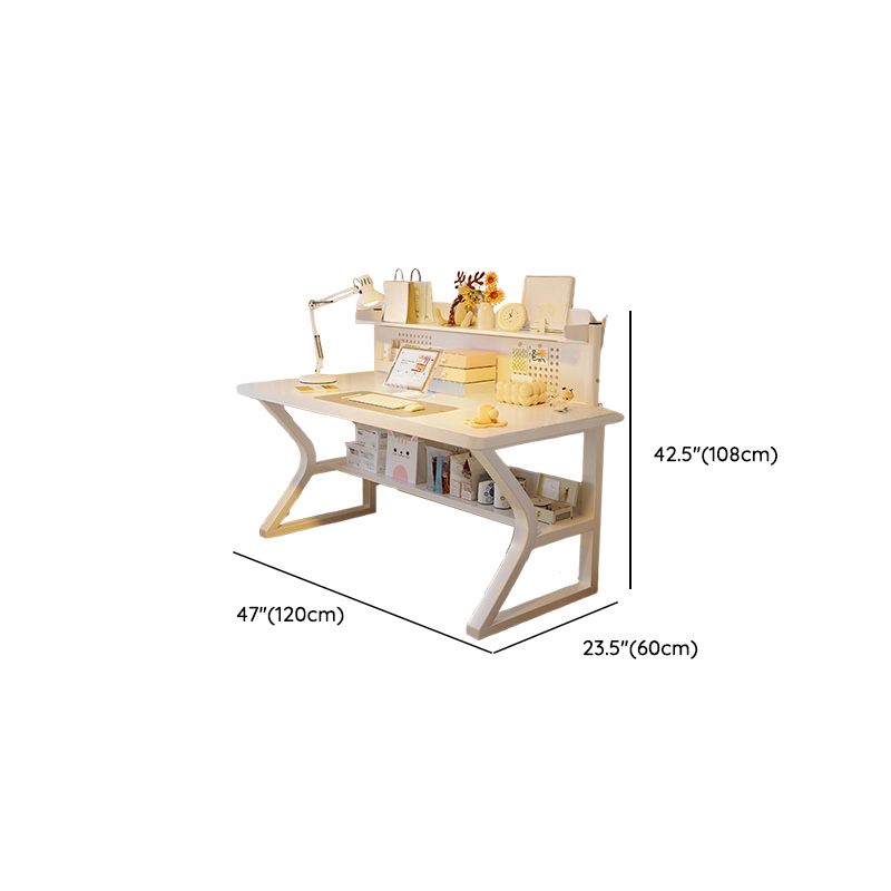 Modern Rectangular Chalk Laminate Writing Table with Exterior Shelf, Hutch, and Cable Management