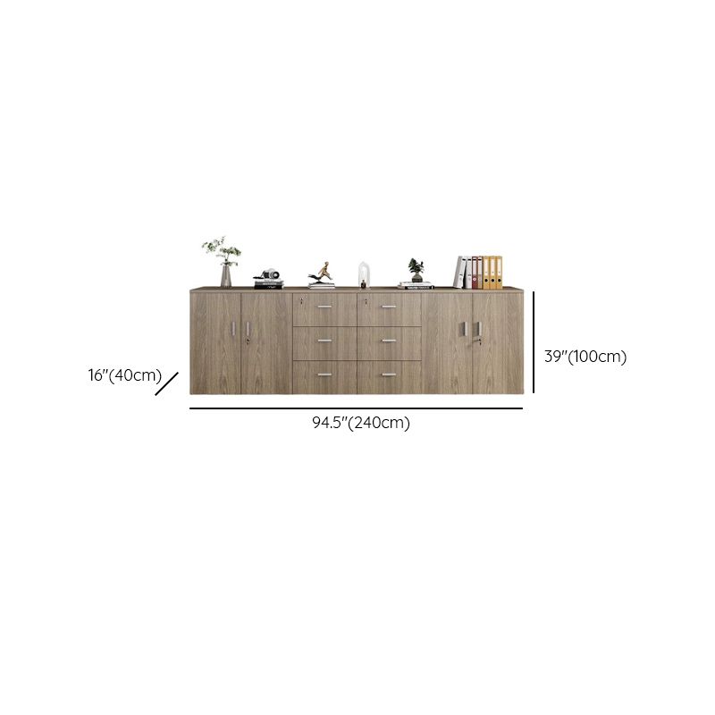 Caramel Trendy Manufactured Wood Supplies Cabinet with Shelves, Locker, Locking Door, and 2-Wide/5-Wide/4-Wide Compartments