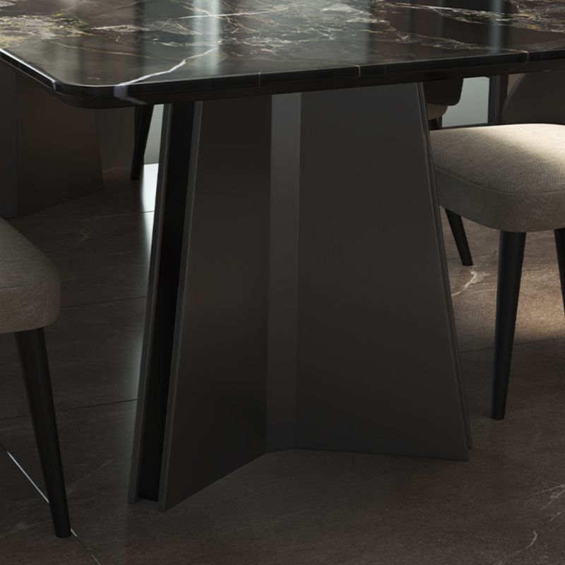 Natural Marble Dining Table in Modern Simple Style, Fixed Table in Midnight Black for 6-person, Scratch Resistant Marble Slab, Mixed-material Design